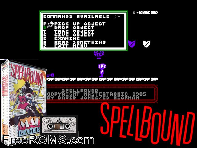 Spellbound - A True Graphic Adventure (UK) (1985) [h1] Amstrad CPC game showing 3D box cover and gameplay screenshot